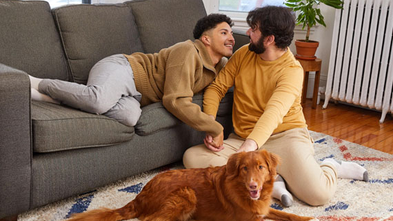 Couple in living room playing with dog looking at each other