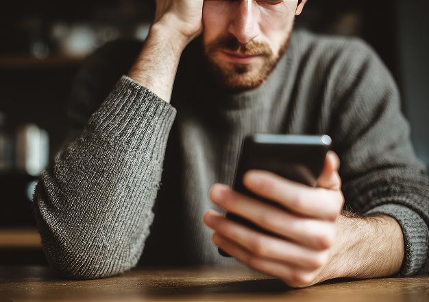 A man with a beard, wearing a gray sweater, looks intently at his smartphone, resting his head on his hand. The mood appears contemplative.