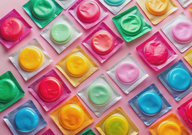 A grid of colorful, assorted condoms in various wrappers on a pink background. Each package is vibrant, creating a playful and eye-catching design.